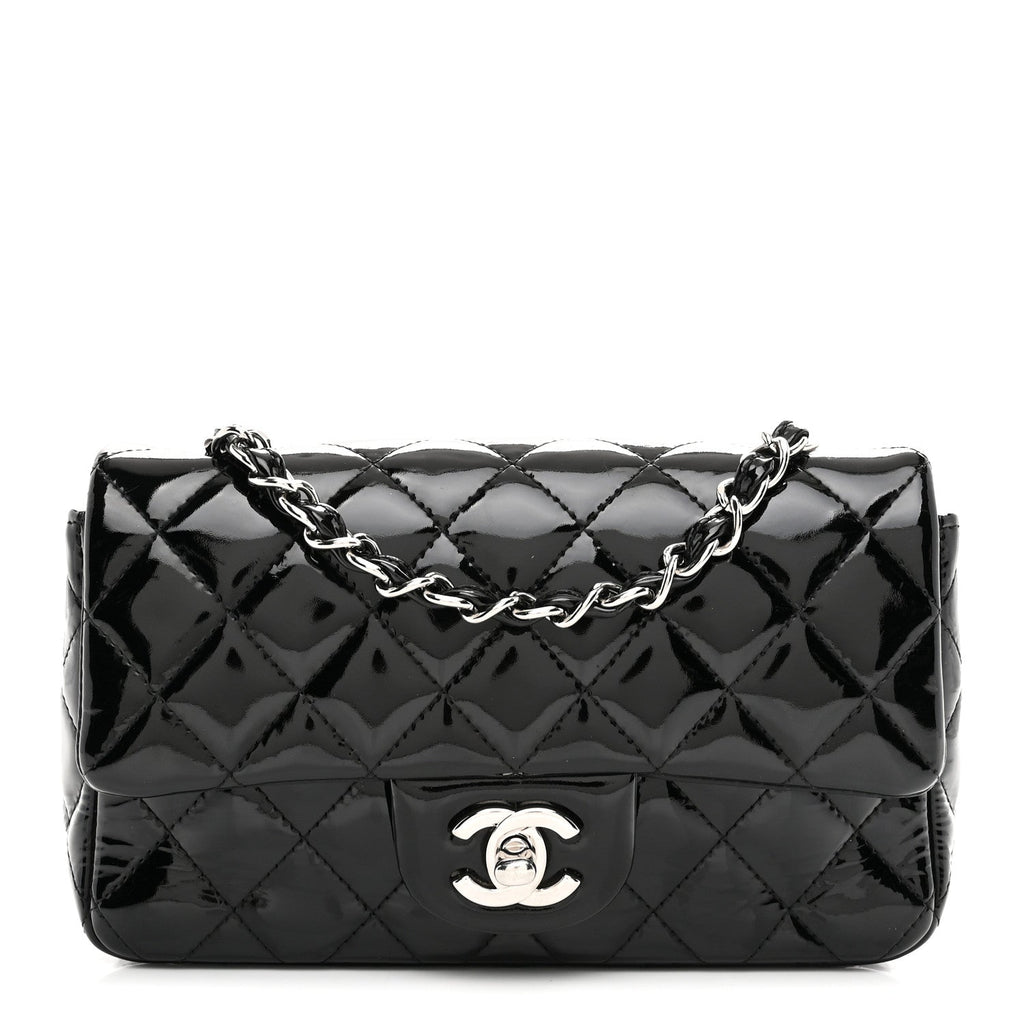 Patent Calfskin Quilted Mini Rectangular Flap Black