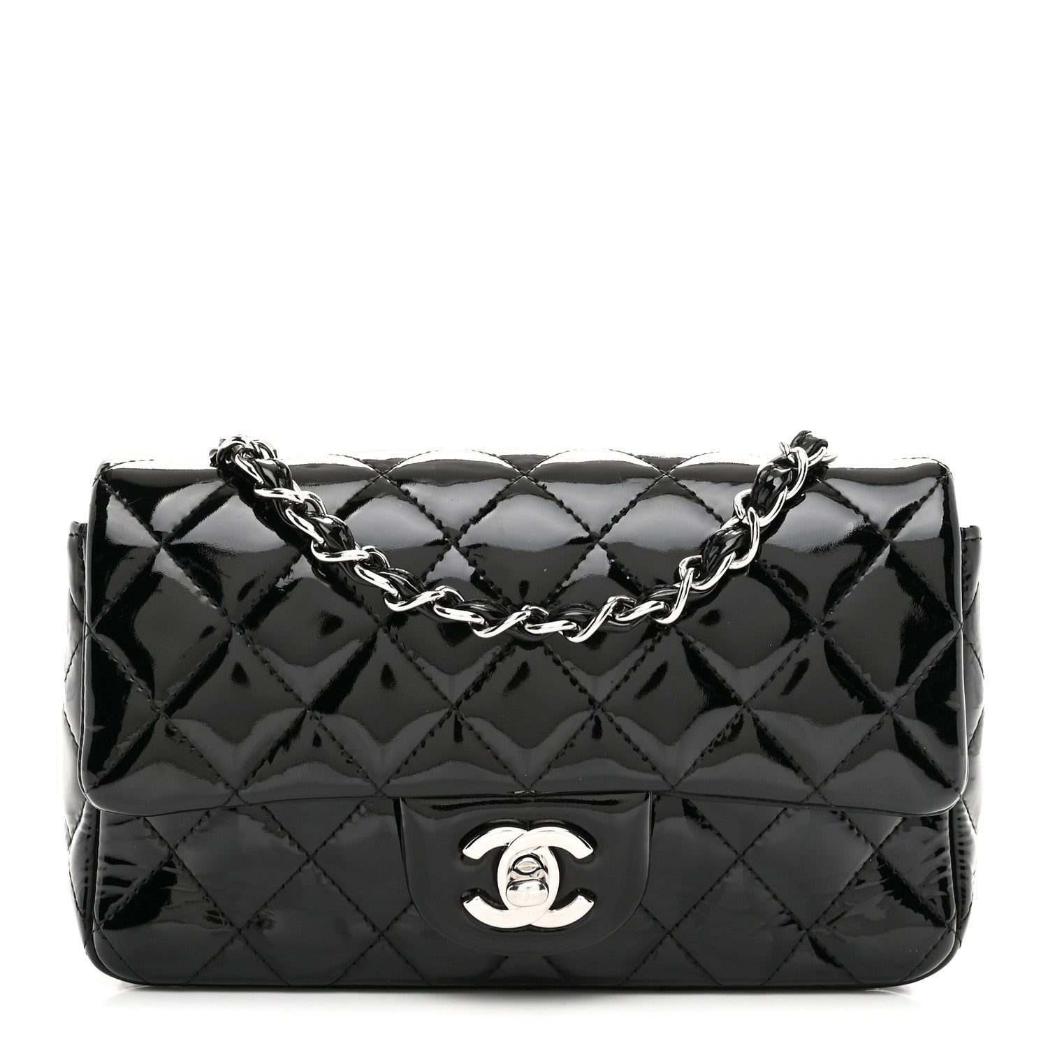 Patent Calfskin Quilted Mini Rectangular Flap Black