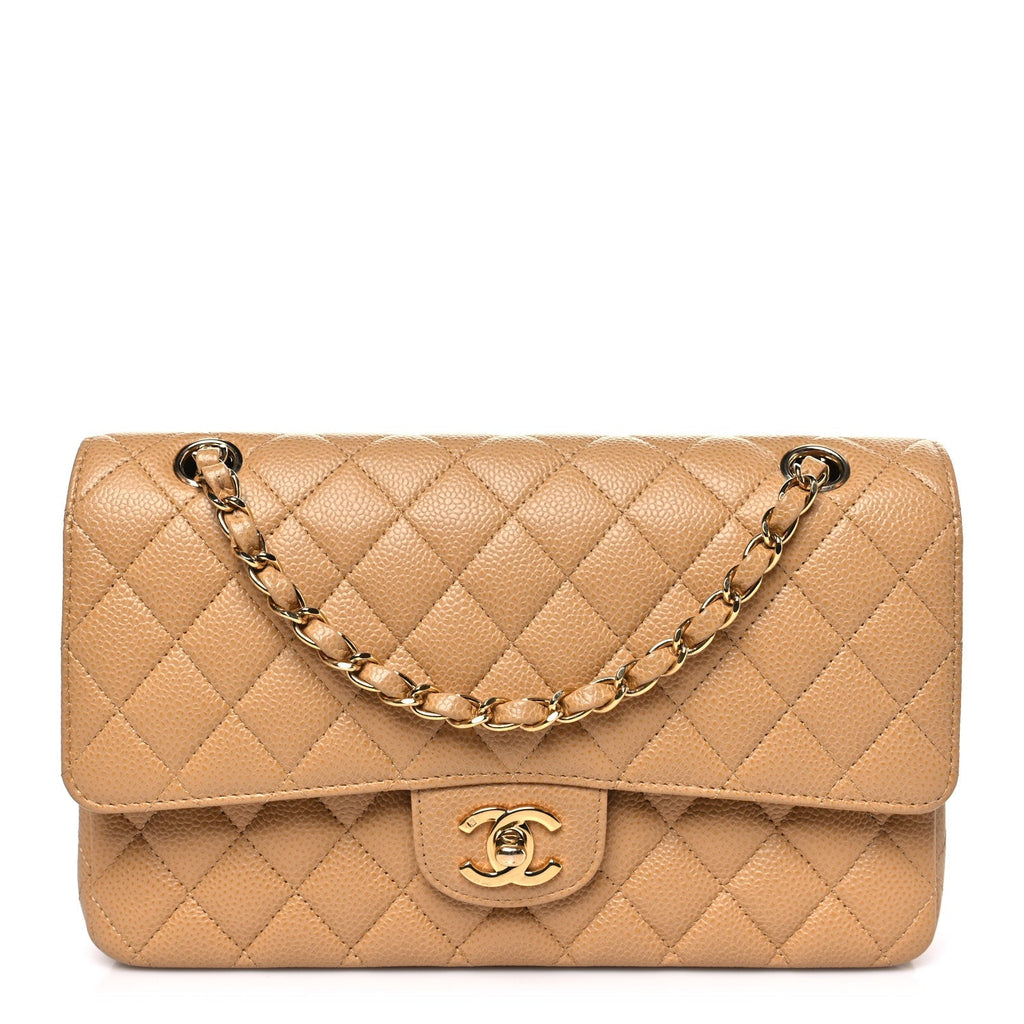 Caviar Quilted Medium Double Flap Beige