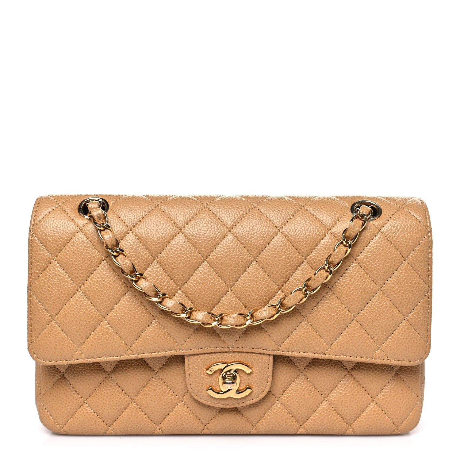 Caviar Quilted Medium Double Flap Beige