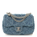 Denim Quilted Camellia Sweetheart Mini Rectangular Flap Blue