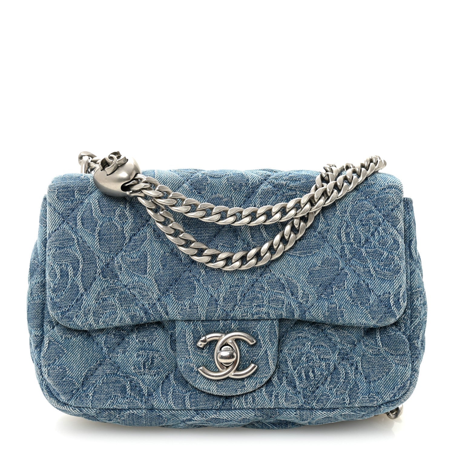 Denim Quilted Camellia Sweetheart Mini Rectangular Flap Blue