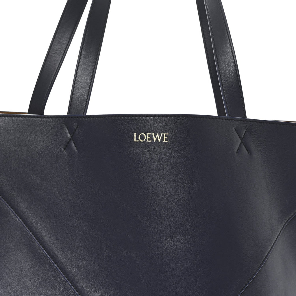 Shiny Calfskin Large Puzzle Fold Tote Abyss Blue