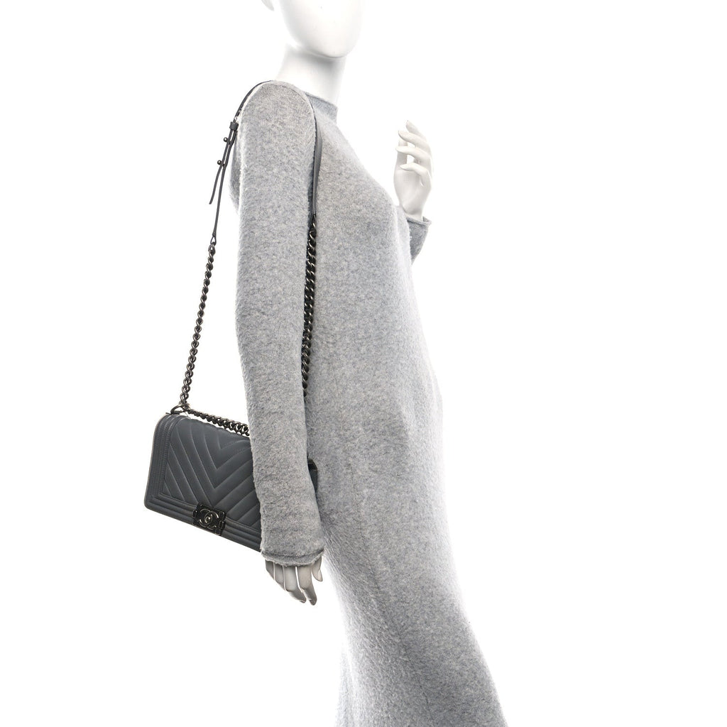 Lambskin Chevron Quilted Medium Boy Flap Grey