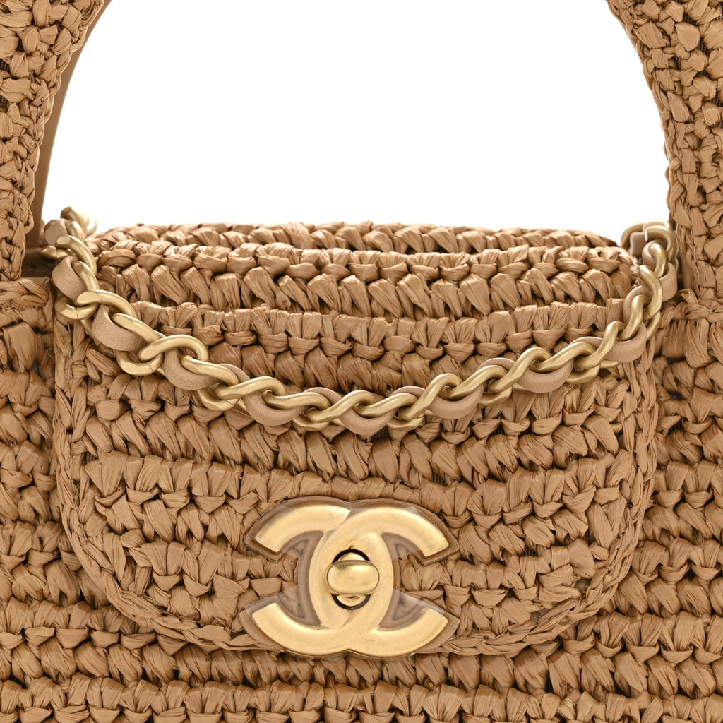 Braided Raffia Nano Kelly Flap Bag Dark Beige
