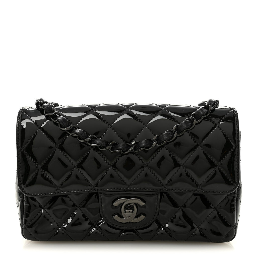 Patent Calfskin Quilted Mini Rectangular Flap So Black