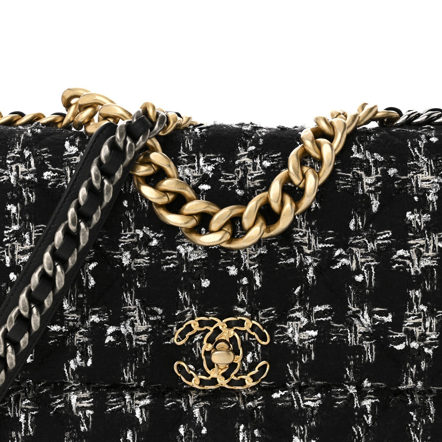 Tweed Quilted Large Chanel 19 Flap Black Silver Ecru
