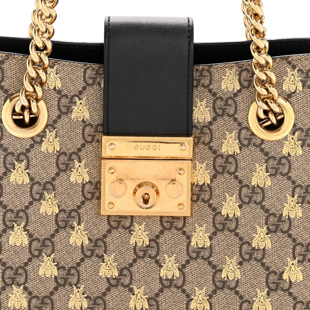 GG Supreme Monogram Bees Small Padlock Tote Beige Oro Black