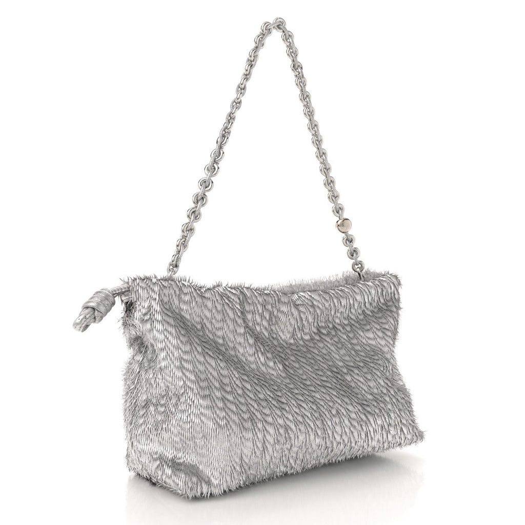 Metallic Nappa Calfskin Fringed Medium Chain Flamenco Knot Purse Silver