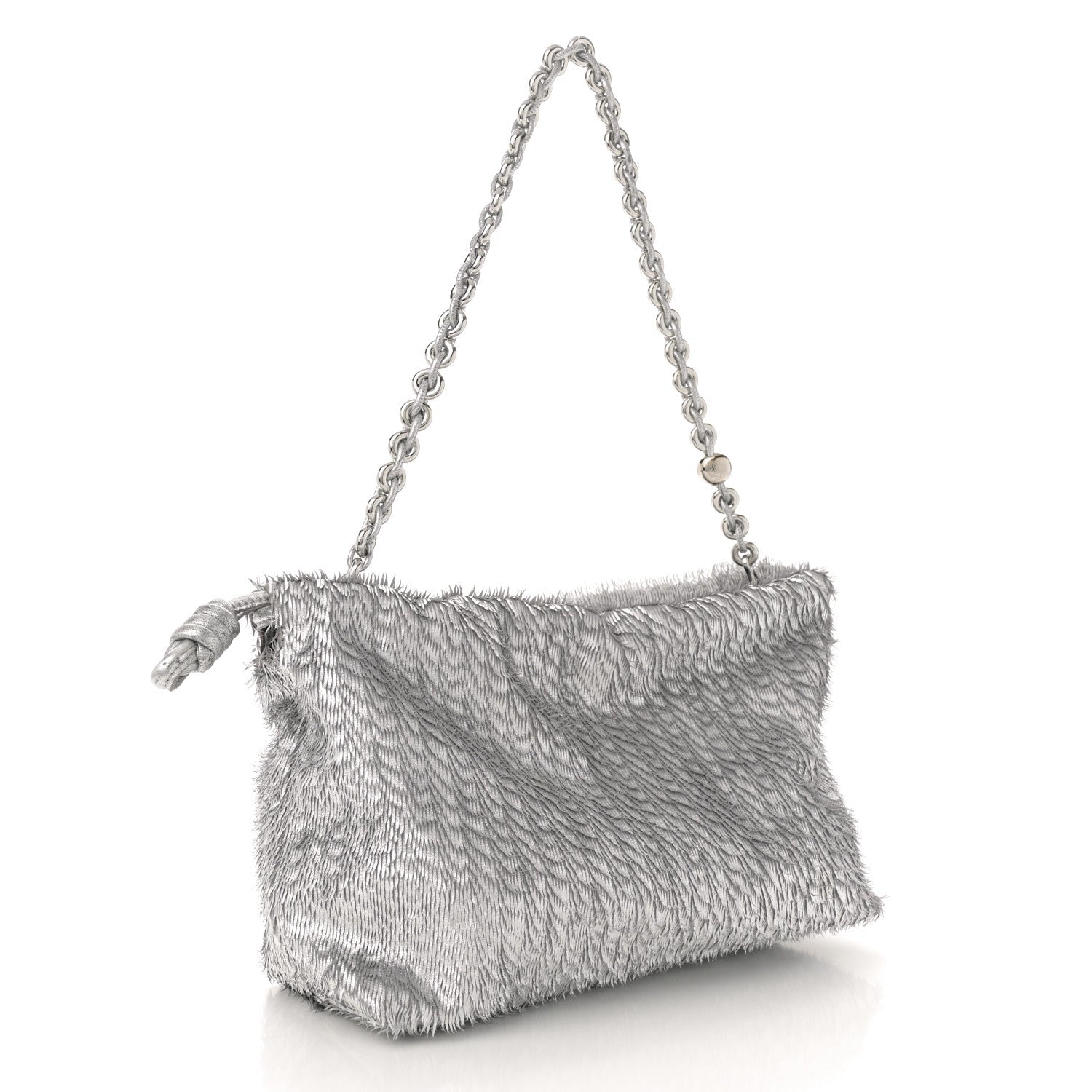 Metallic Nappa Calfskin Fringed Medium Chain Flamenco Knot Purse Silver