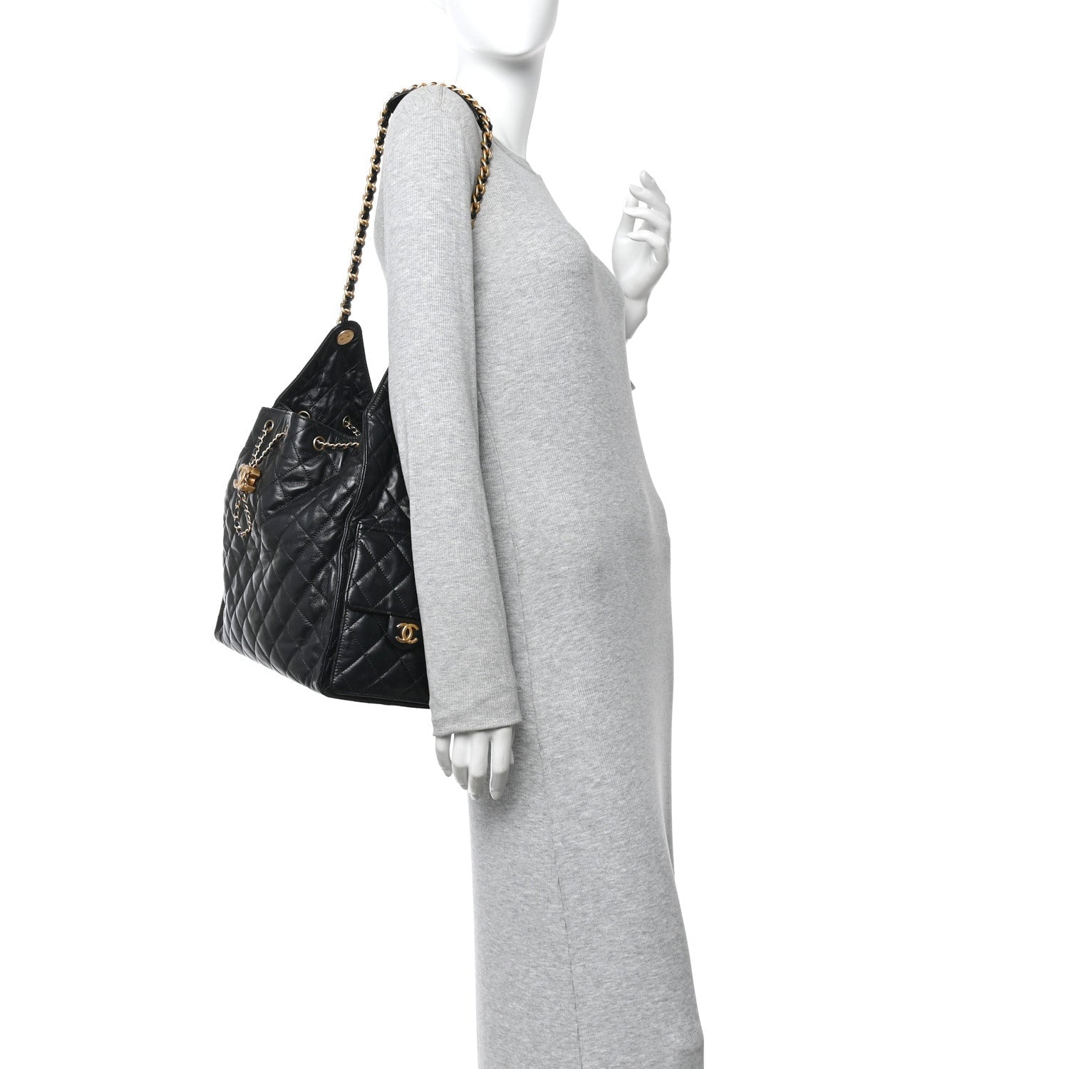 Shiny Crumpled Calfskin Quilted Medium Chanel 25 Handbag Black