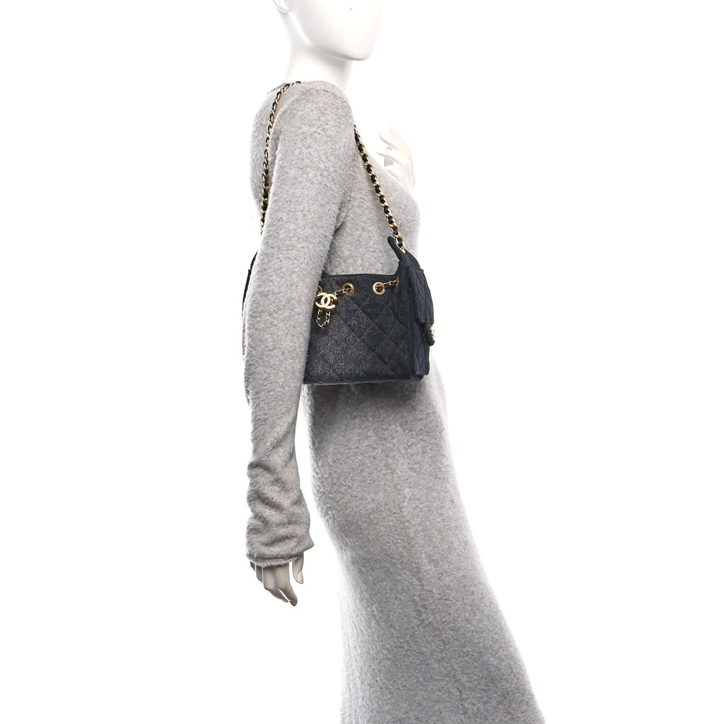 Washed Denim Quilted Mini Chanel 25 Handbag Black