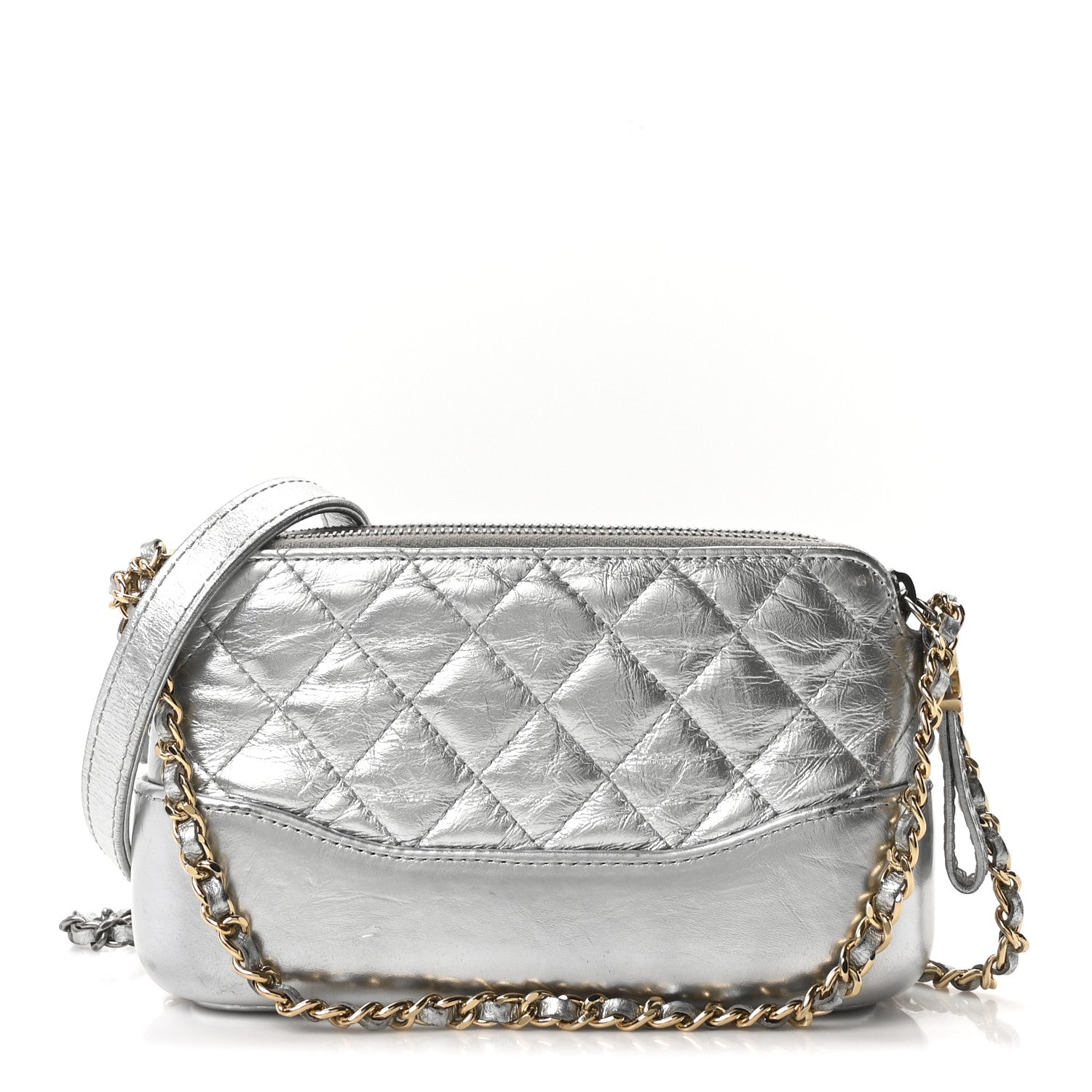 Metallic Lambskin Calfskin Quilted Small Gabrielle Clutch With Chain Silver