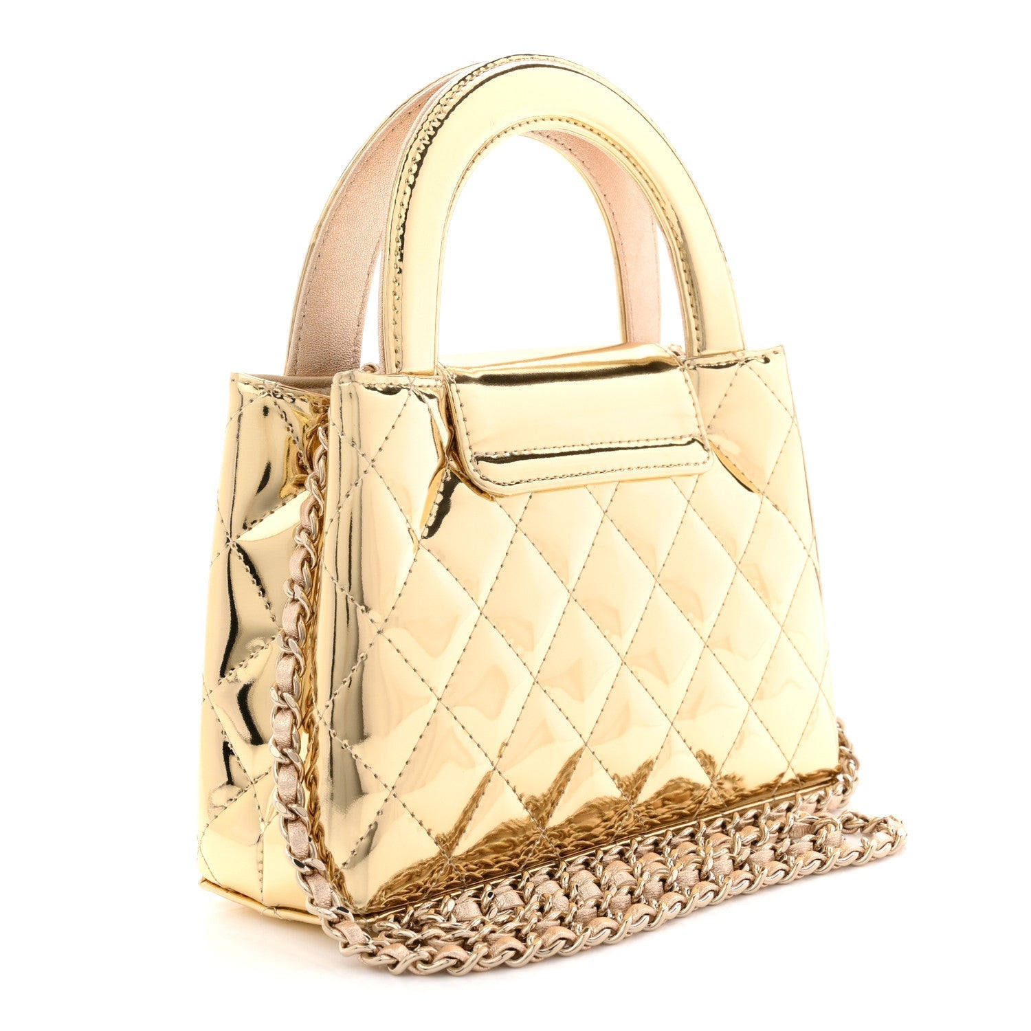 Mirror Calfskin Metallic Calfskin Quilted Nano Kelly Shopper Gold