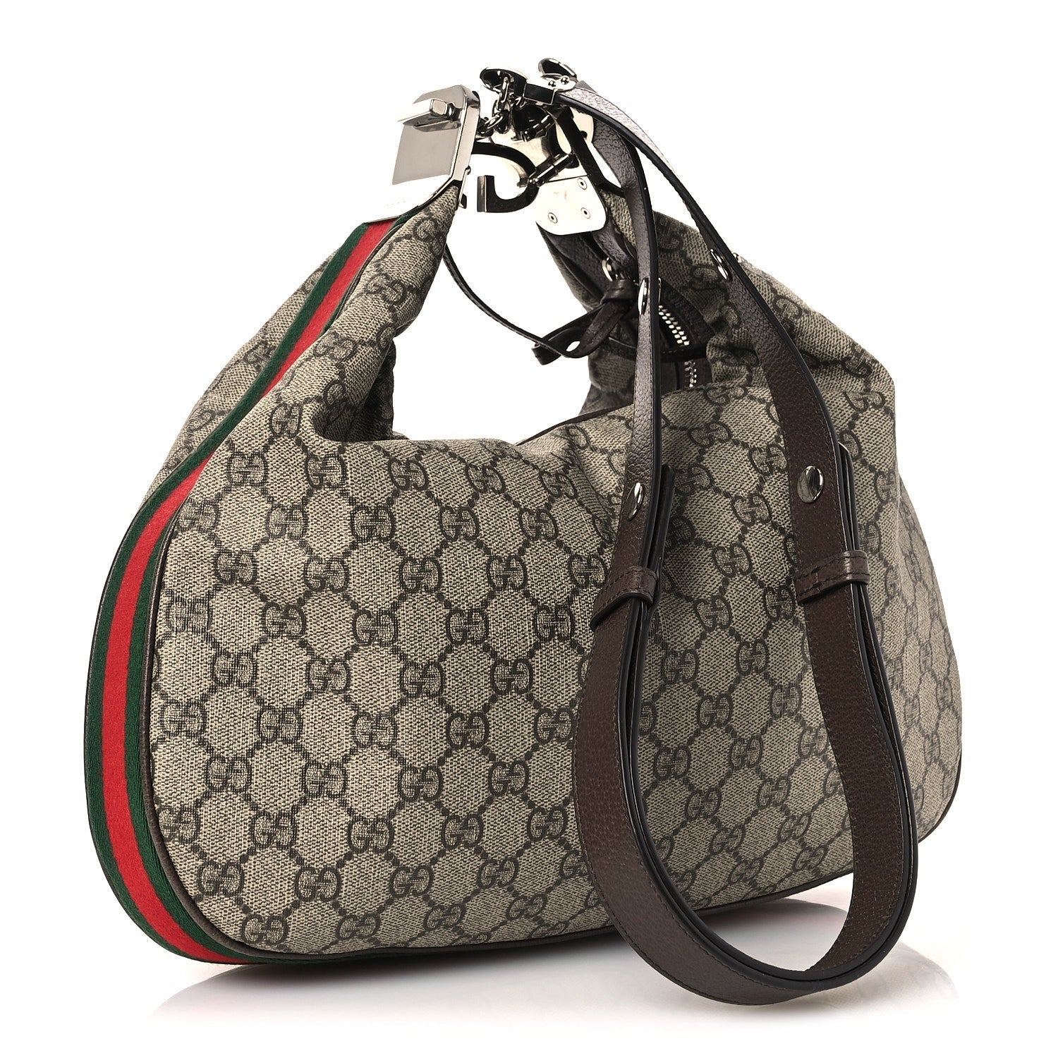 GG Supreme Monogram Textured Calfskin Web Large Attache Shoulder Bag Beige Ebony New Acero