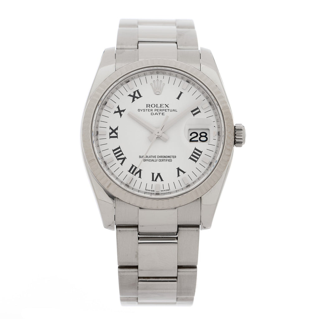 Stainless Steel 18K White Gold Diamond 34mm Oyster Perpetual Date Watch White Roman 115234