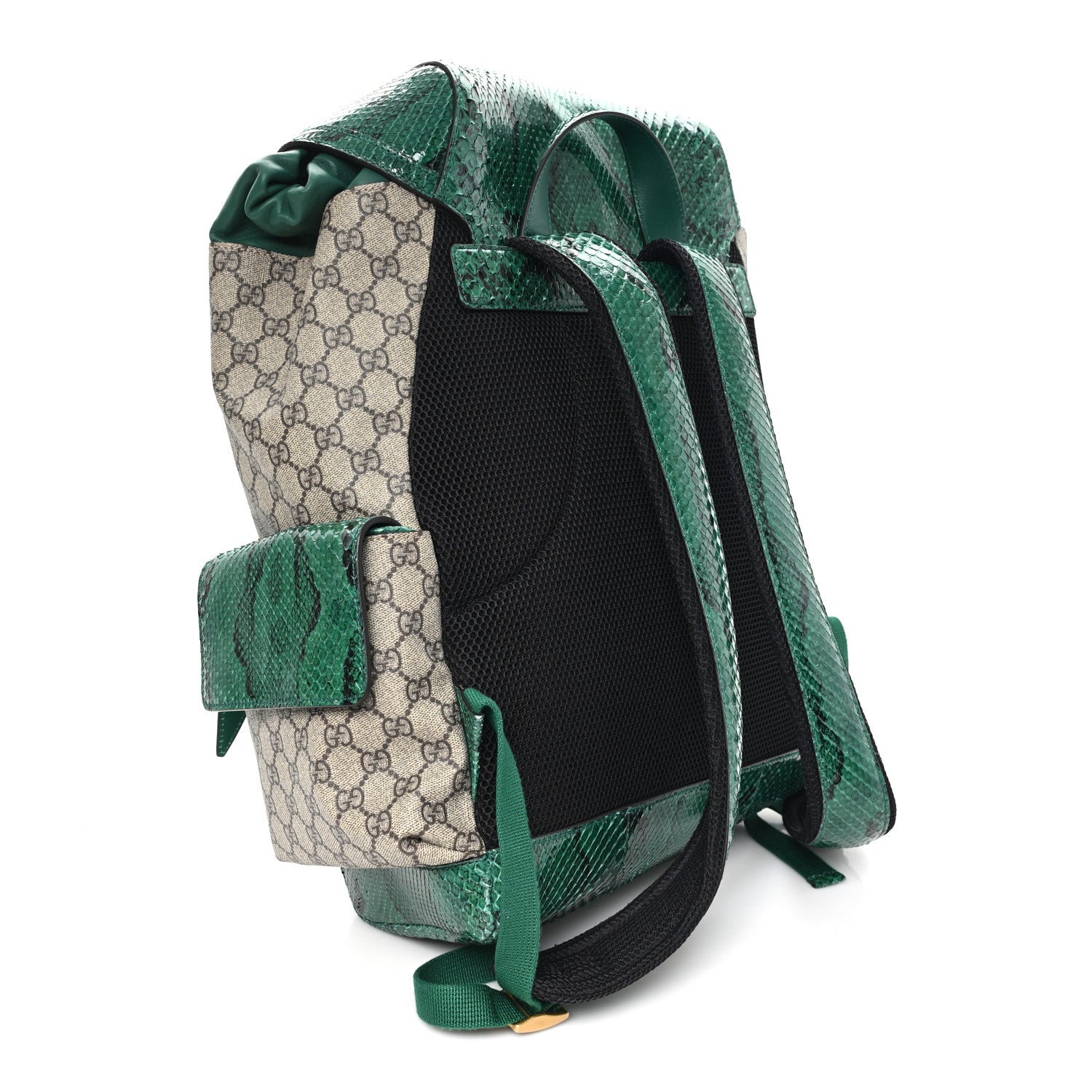 GG Supreme Monogram Snakeskin Ophidia Double Buckle Backpack Brown Green