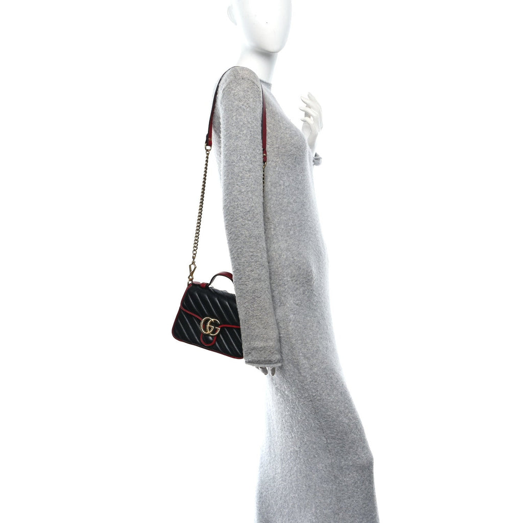 Vintage Effect Calfskin Matelasse Diagonal Mini Torchon GG Marmont Top Handle Shoulder Bag Black Romantic Cherry