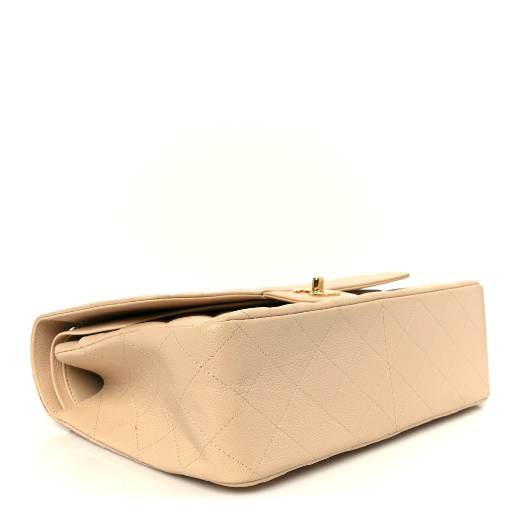 Caviar Quilted Jumbo Double Flap Beige