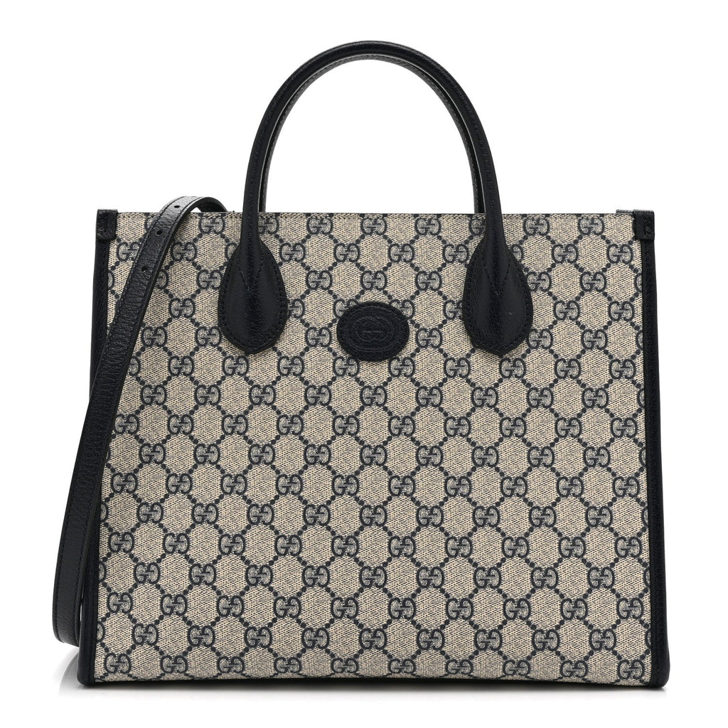 GG Supreme Monogram Textured Dollar Calfskin Small Retro Interlocking G Tote Bag Beige Blue