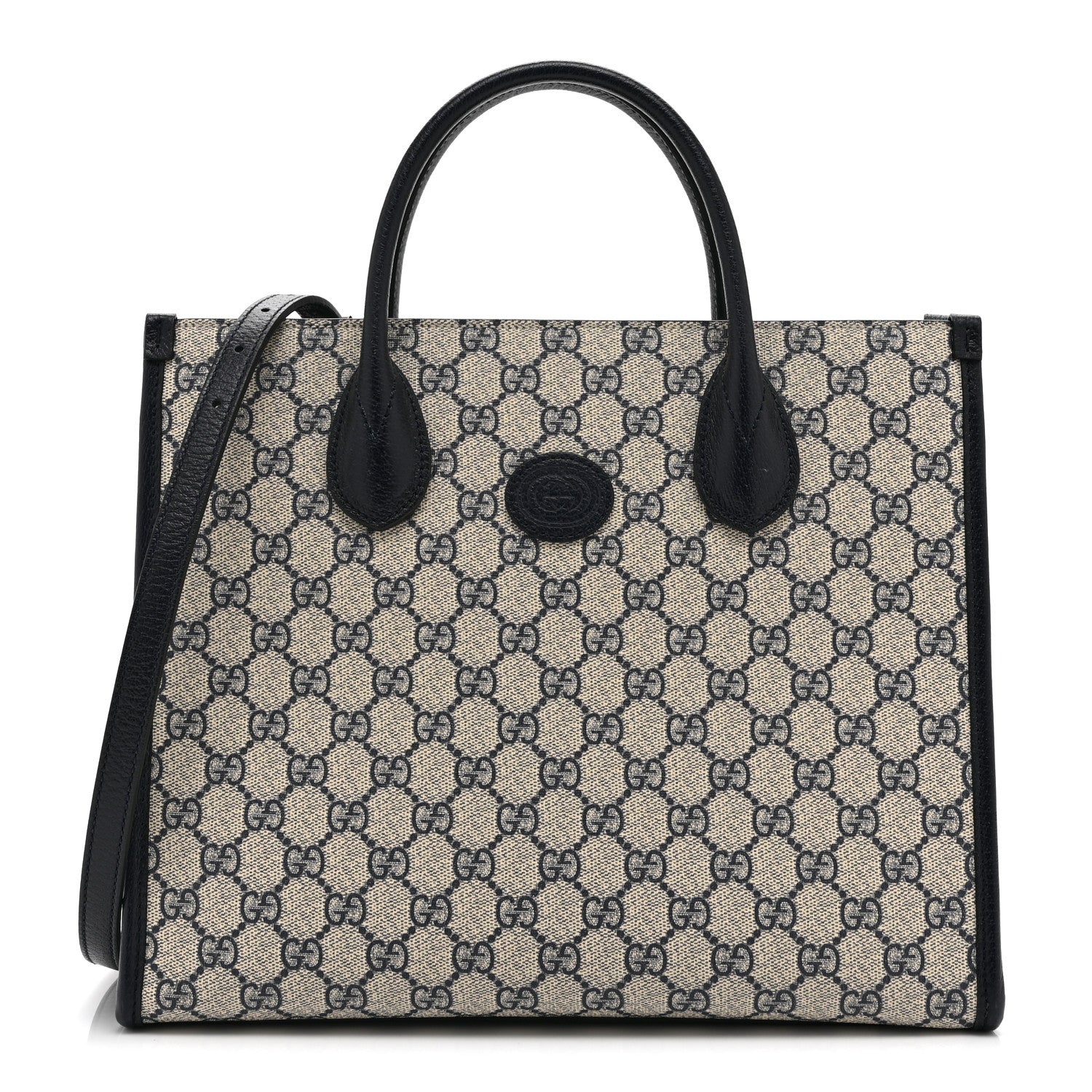 GG Supreme Monogram Textured Dollar Calfskin Small Retro Interlocking G Tote Bag Beige Blue