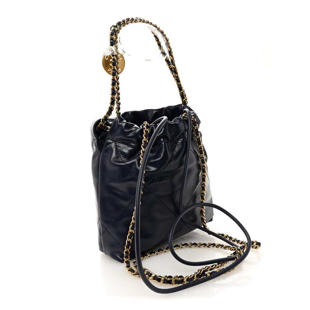 Shiny Calfskin Quilted Mini Chanel 22 Navy Blue