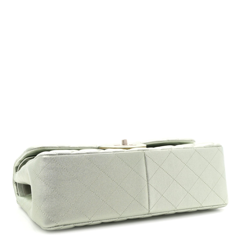 Metallic Lambskin Quilted Jumbo Double Flap Green