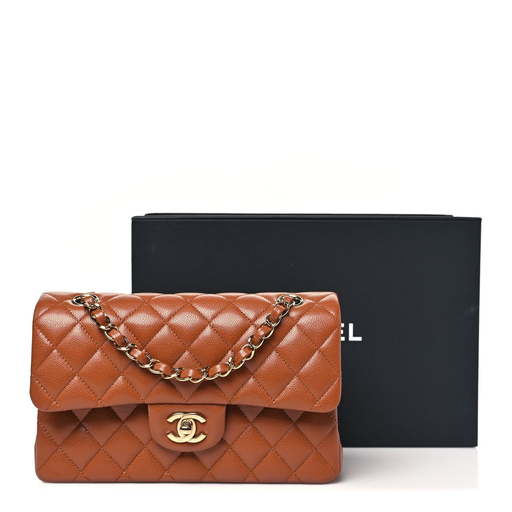 Caviar Quilted Small Double Flap Light Brown