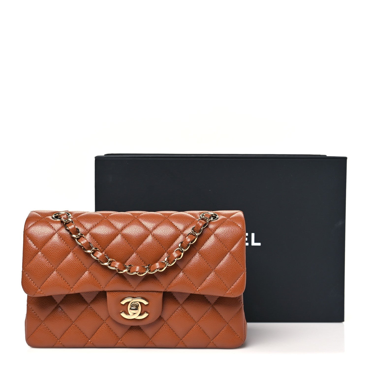 Caviar Quilted Small Double Flap Light Brown