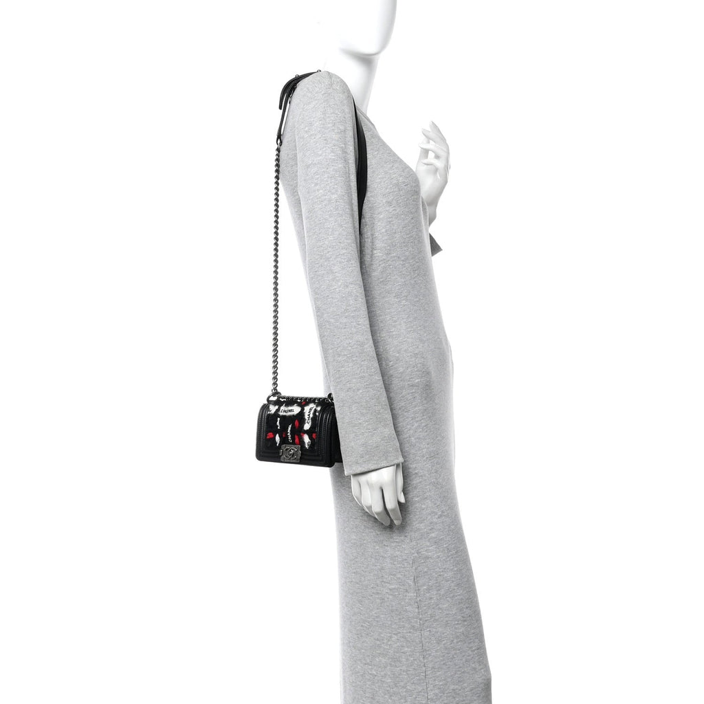 Lambskin Tweed Logo Embroidered Mini Boy Flap White Red Black