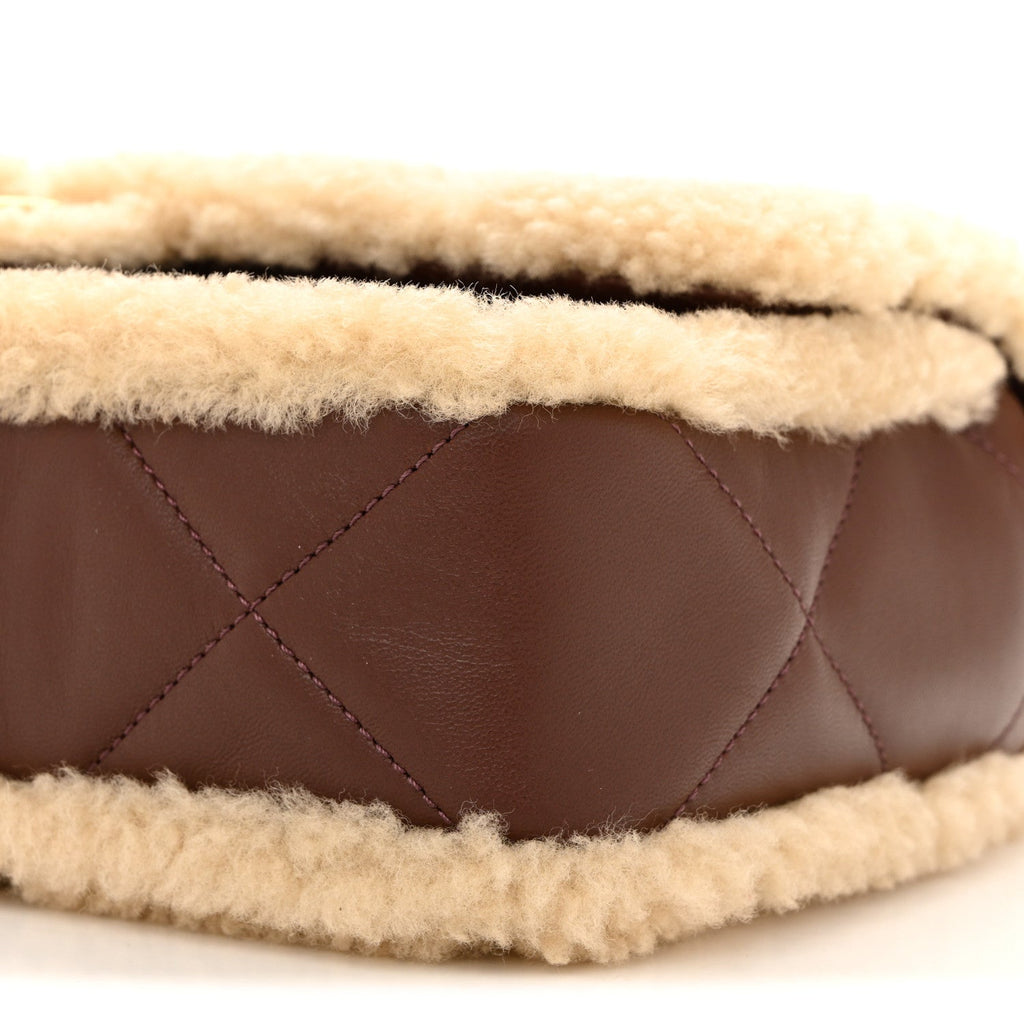Shearling Lambskin Quilted Furry Coco Flap Dark Brown Beige