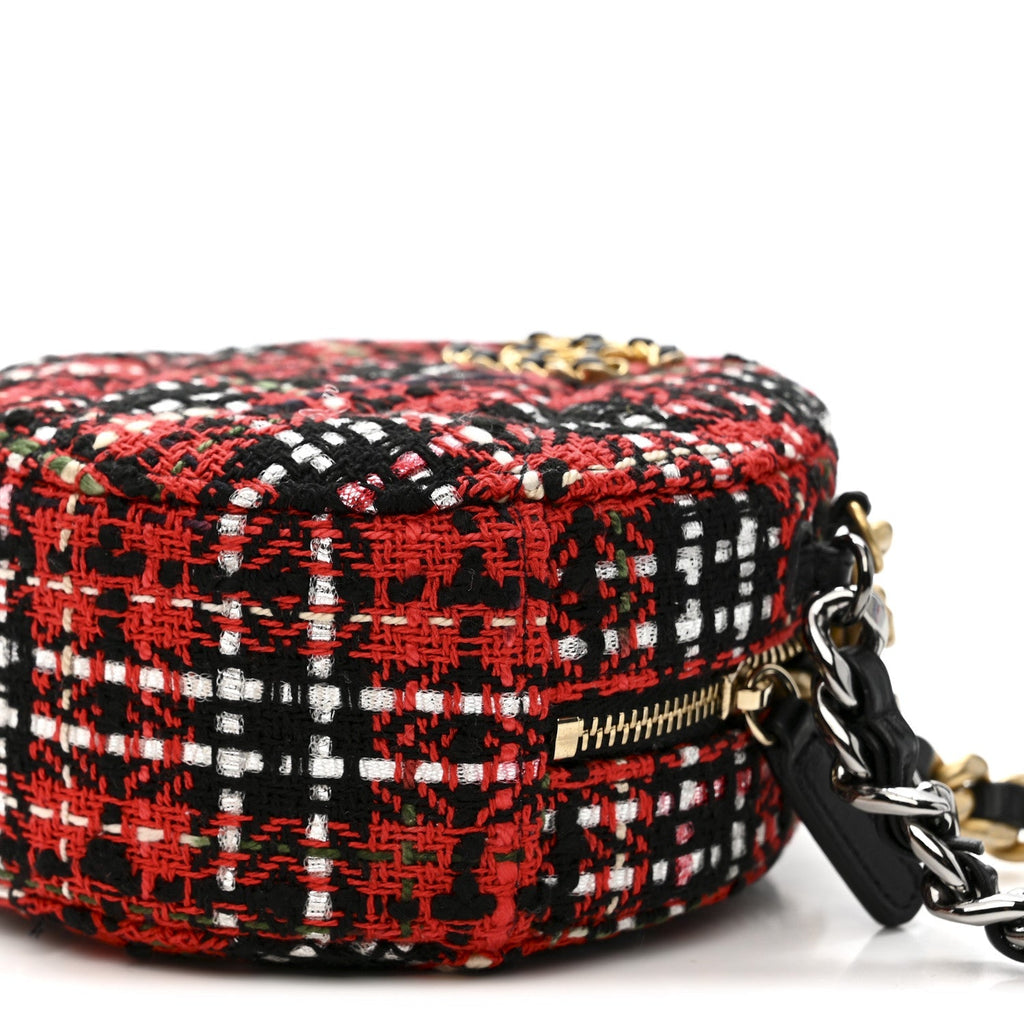 Tweed Quilted Chanel 19 Round Clutch With Chain  Red Black White Green