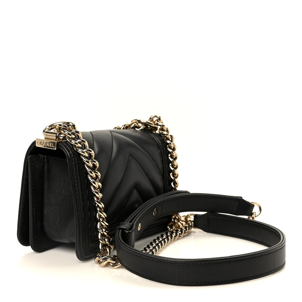 Lambskin Chevron Quilted Mini Boy Flap  Black