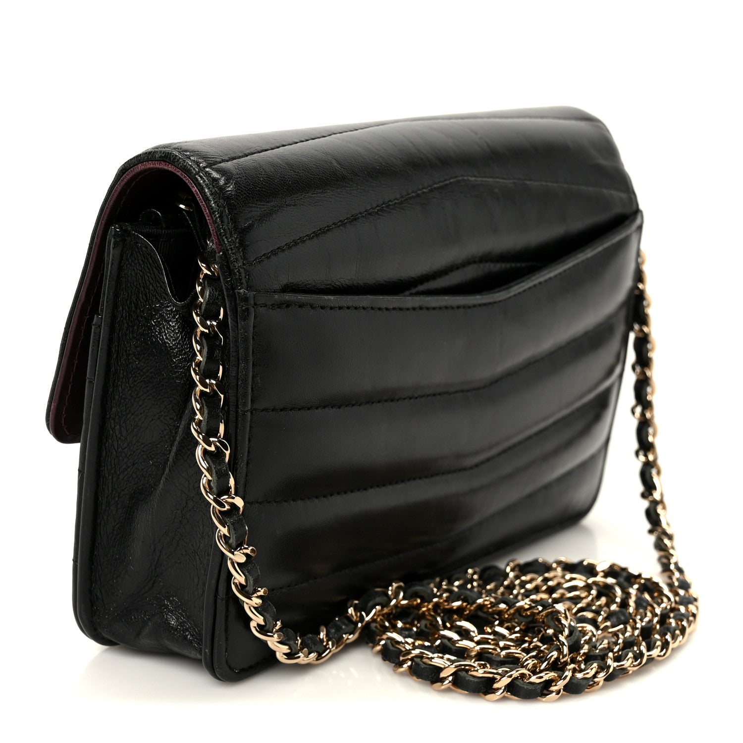 Lambskin Chevron Quilted Wallet On Chain WOC Black