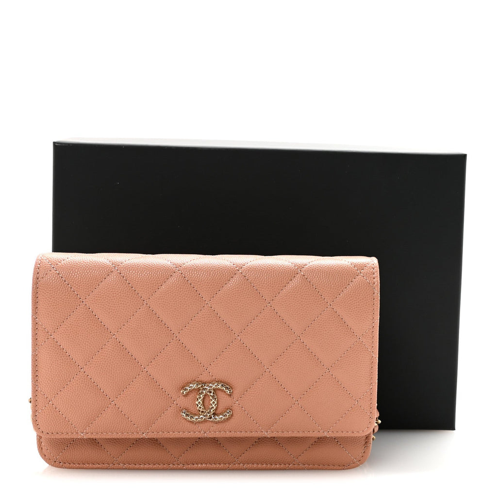 Caviar Quilted Perforated Metal CC Wallet On Chain WOC Beige