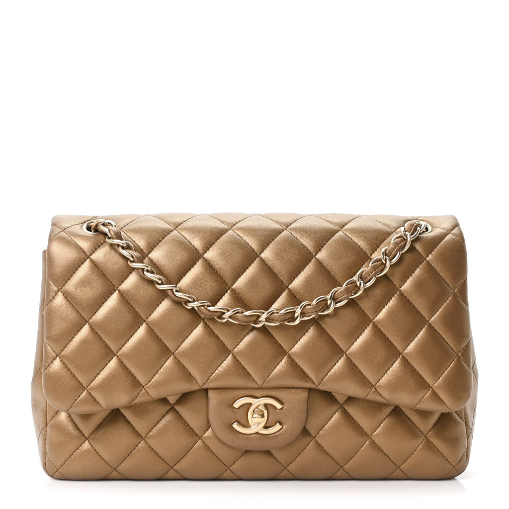 Metallic Lambskin Quilted Jumbo Double Flap Khaki