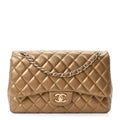Metallic Lambskin Quilted Jumbo Double Flap Khaki