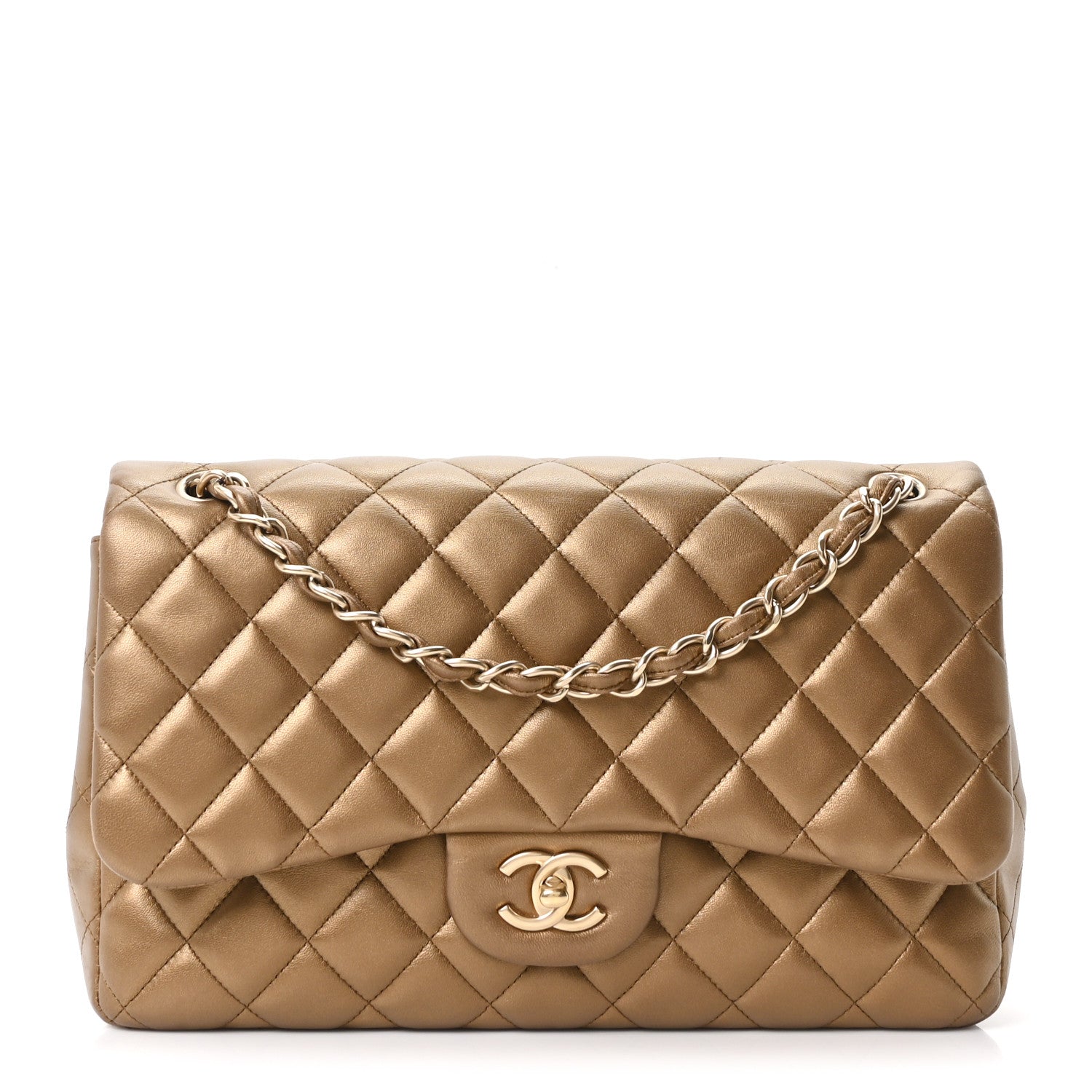 Metallic Lambskin Quilted Jumbo Double Flap Khaki
