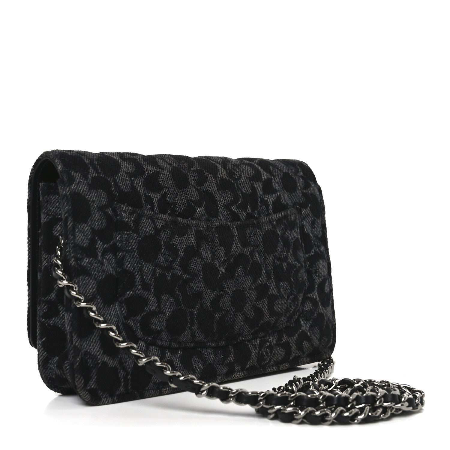 Printed Denim Quilted Flower Wallet On Chain WOC Black