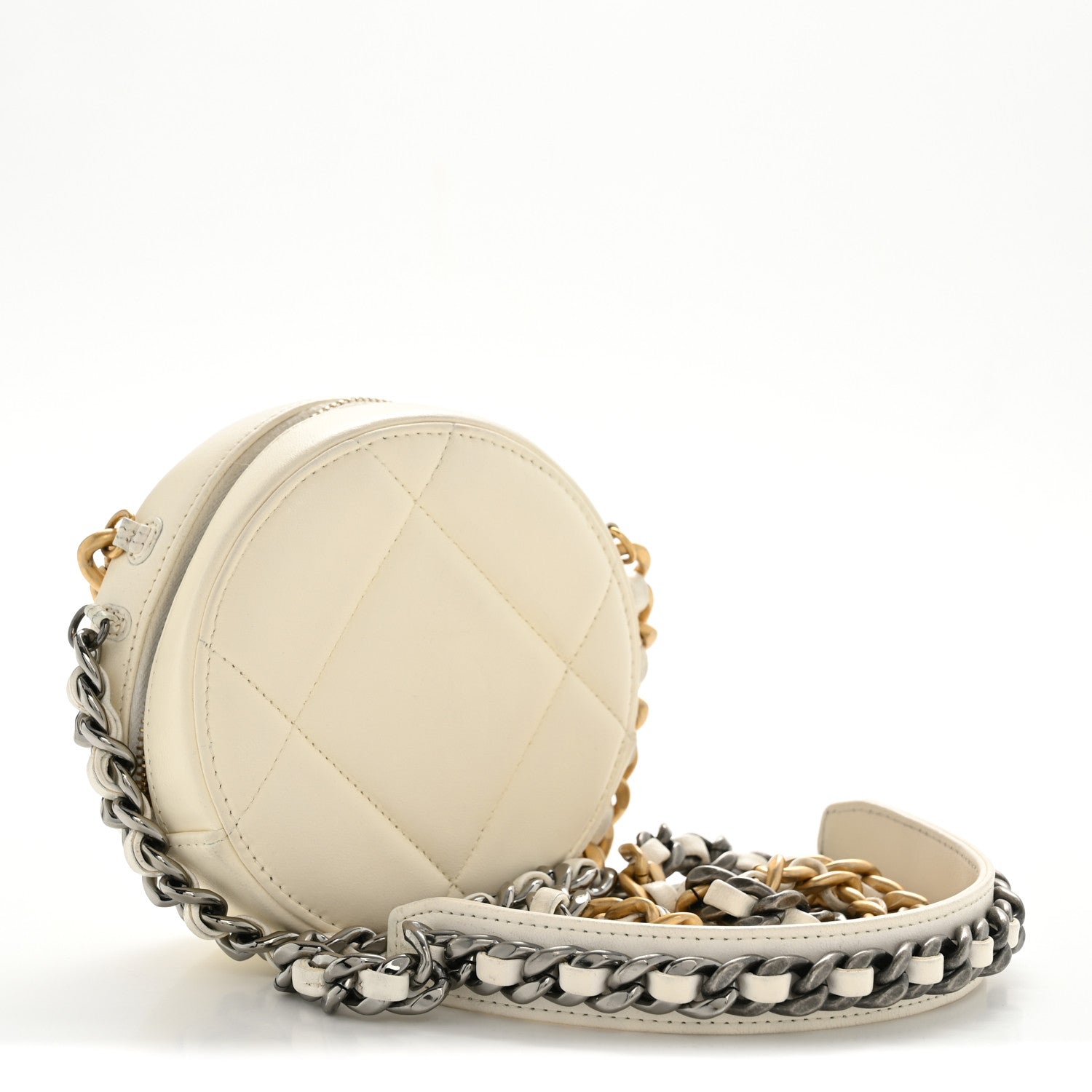 Lambskin Quilted Chanel 19 Round Clutch With Chain White