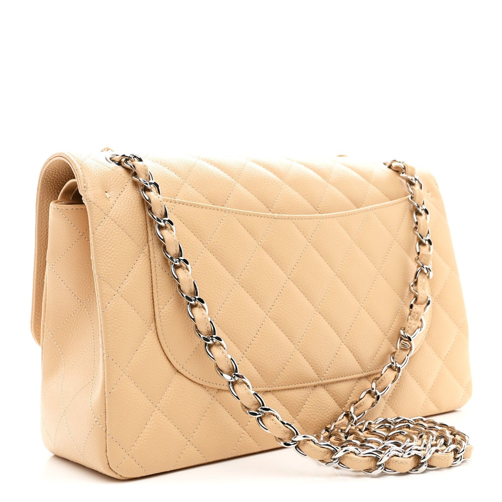 Caviar Quilted Jumbo Double Flap Beige Clair