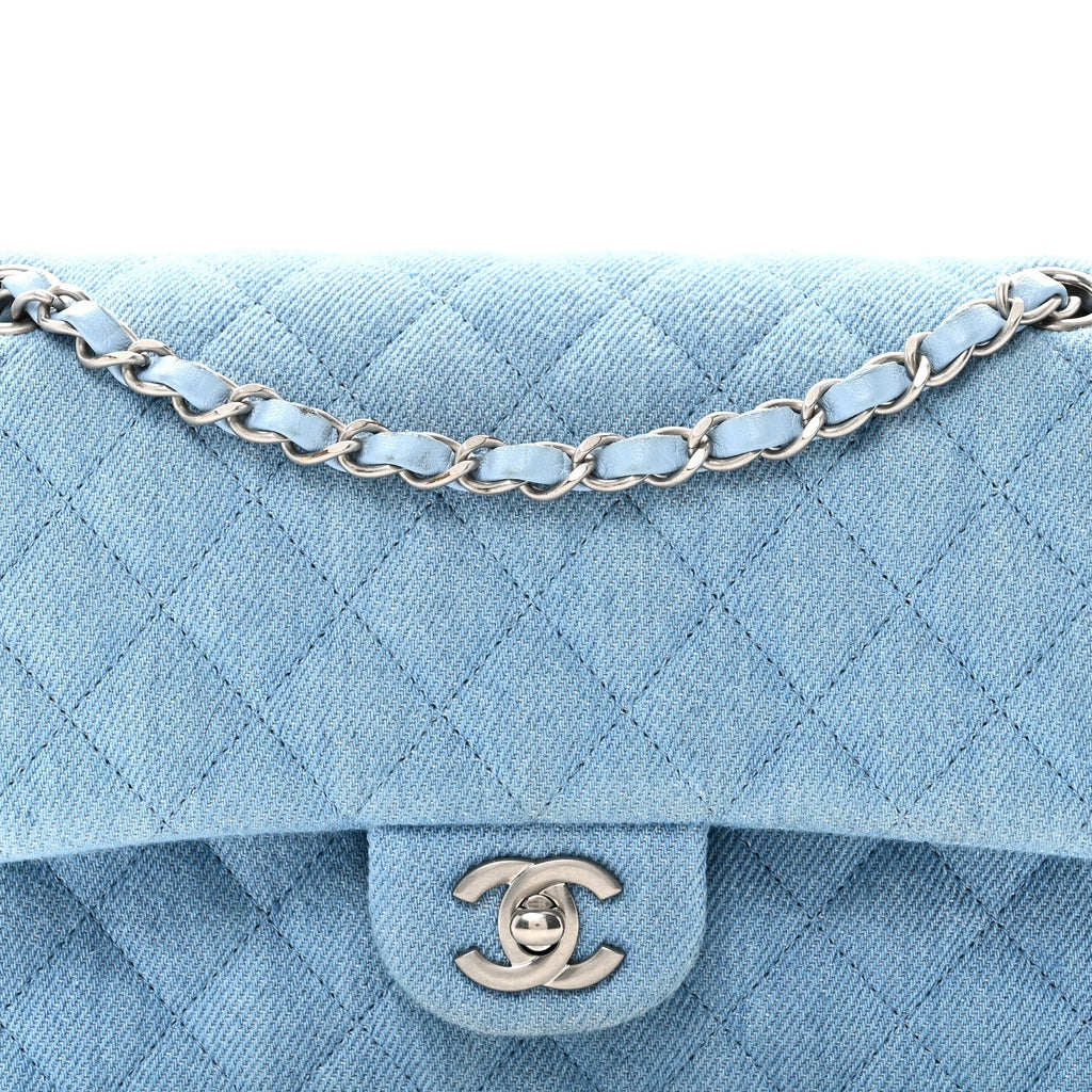 Denim Quilted Medium Double Flap Light Blue