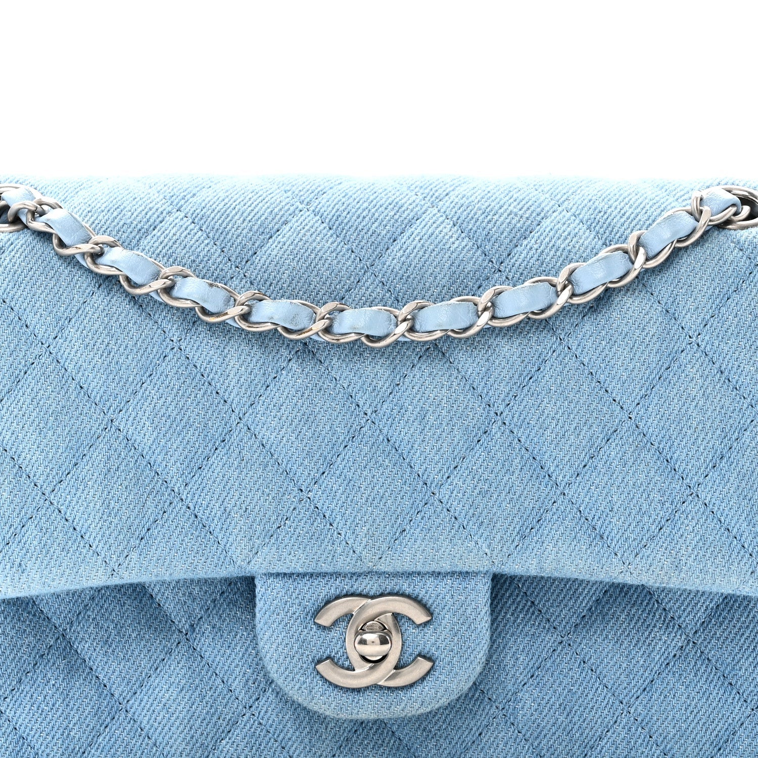 Denim Quilted Medium Double Flap Light Blue