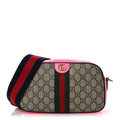 GG Supreme Monogram Textured Dollar Calfskin Web Ophidia Small Crossbody Bag Beige Ebony Fuchsia