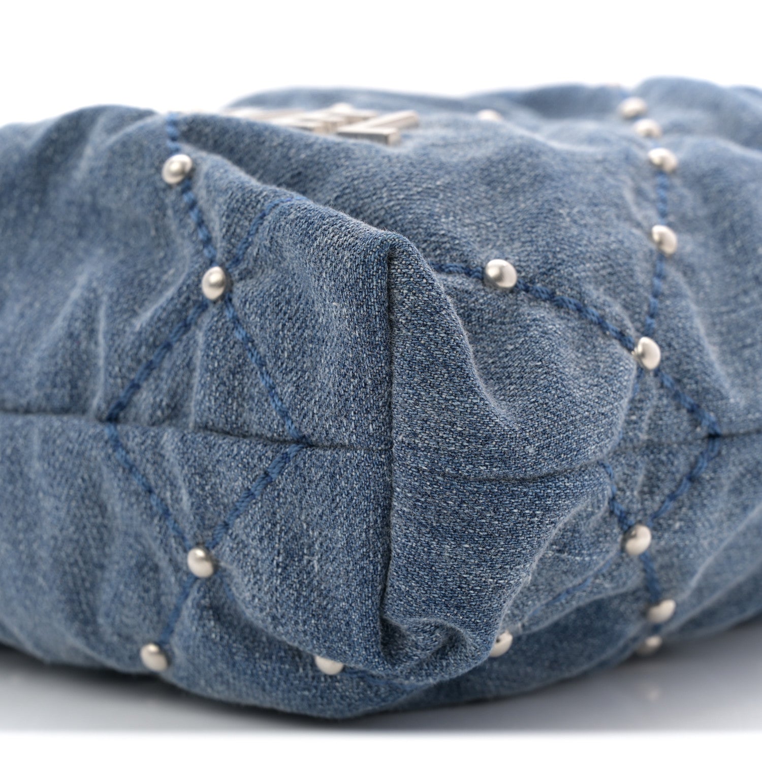 Washed Denim Quilted Studded Mini Chanel 22 Blue