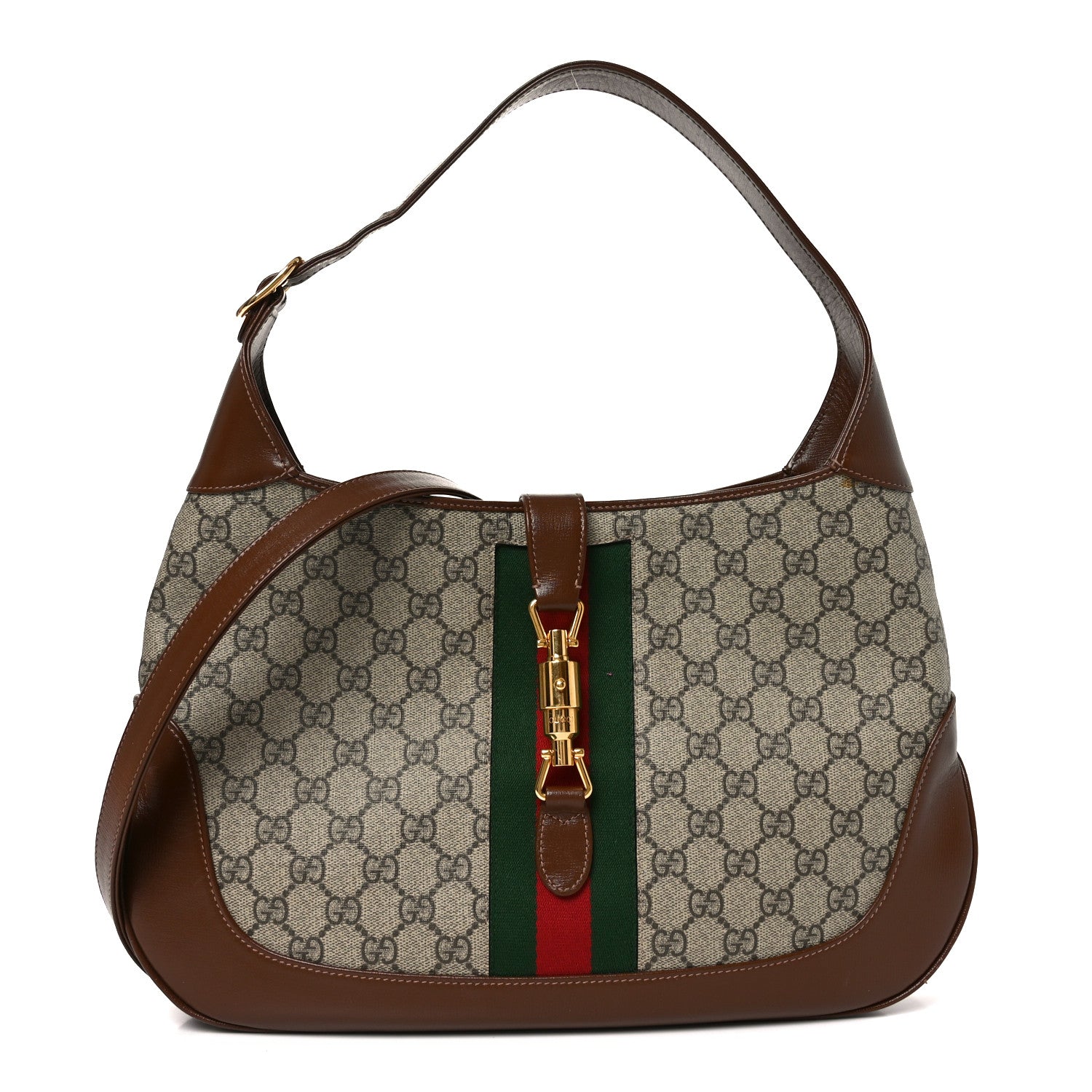GG Supreme Monogram Azalea Calfskin Web Medium Jackie 1961 Hobo Beige Ebony Brown Sugar