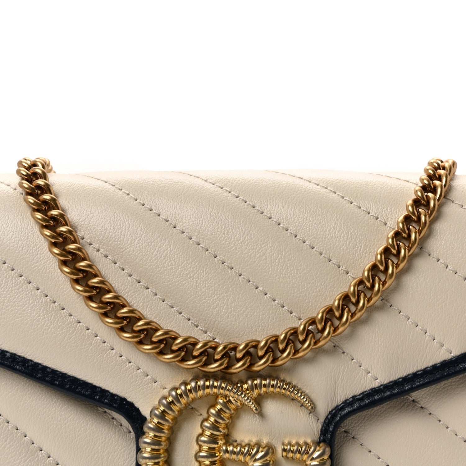 Vintage Effect Calfskin Matelasse Diagonal Torchon GG Marmont Chain Wallet Mystic White Blue Agata