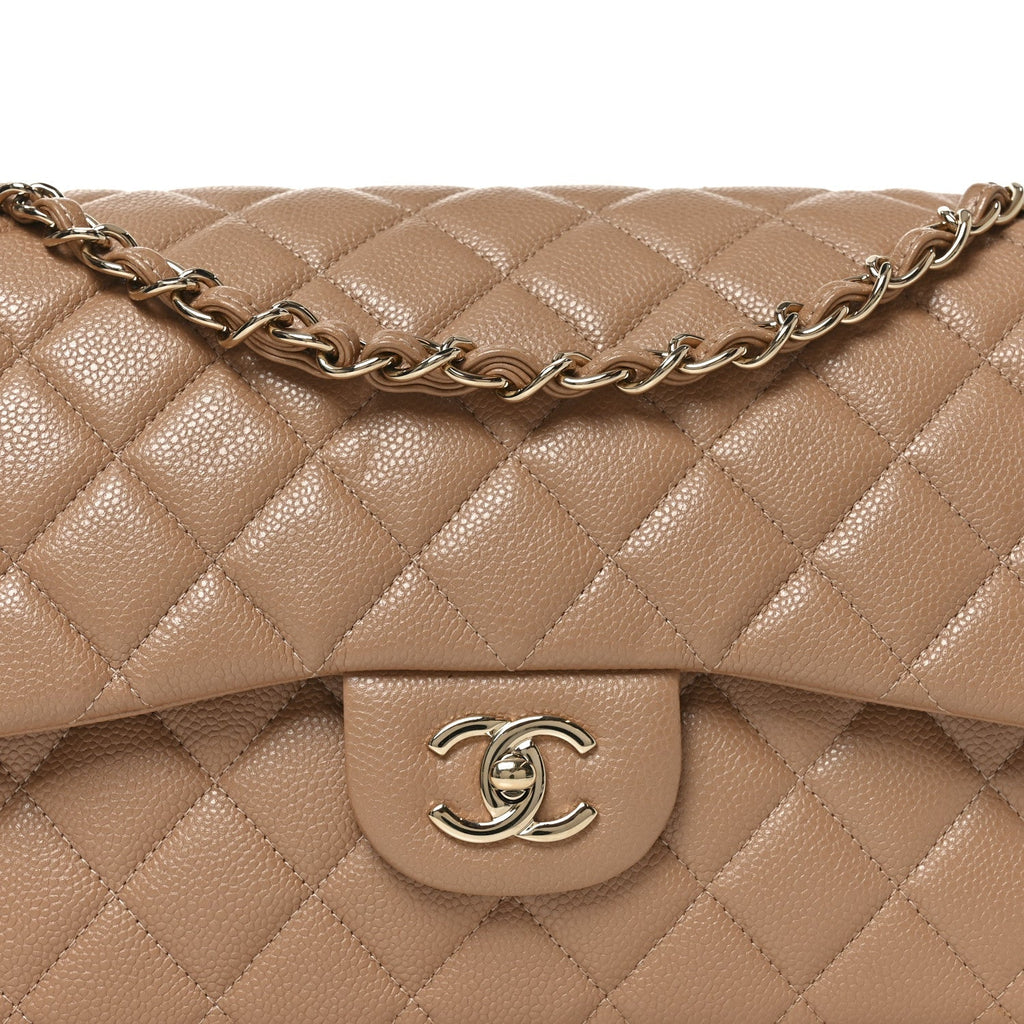 Caviar Quilted Jumbo Double Flap Beige