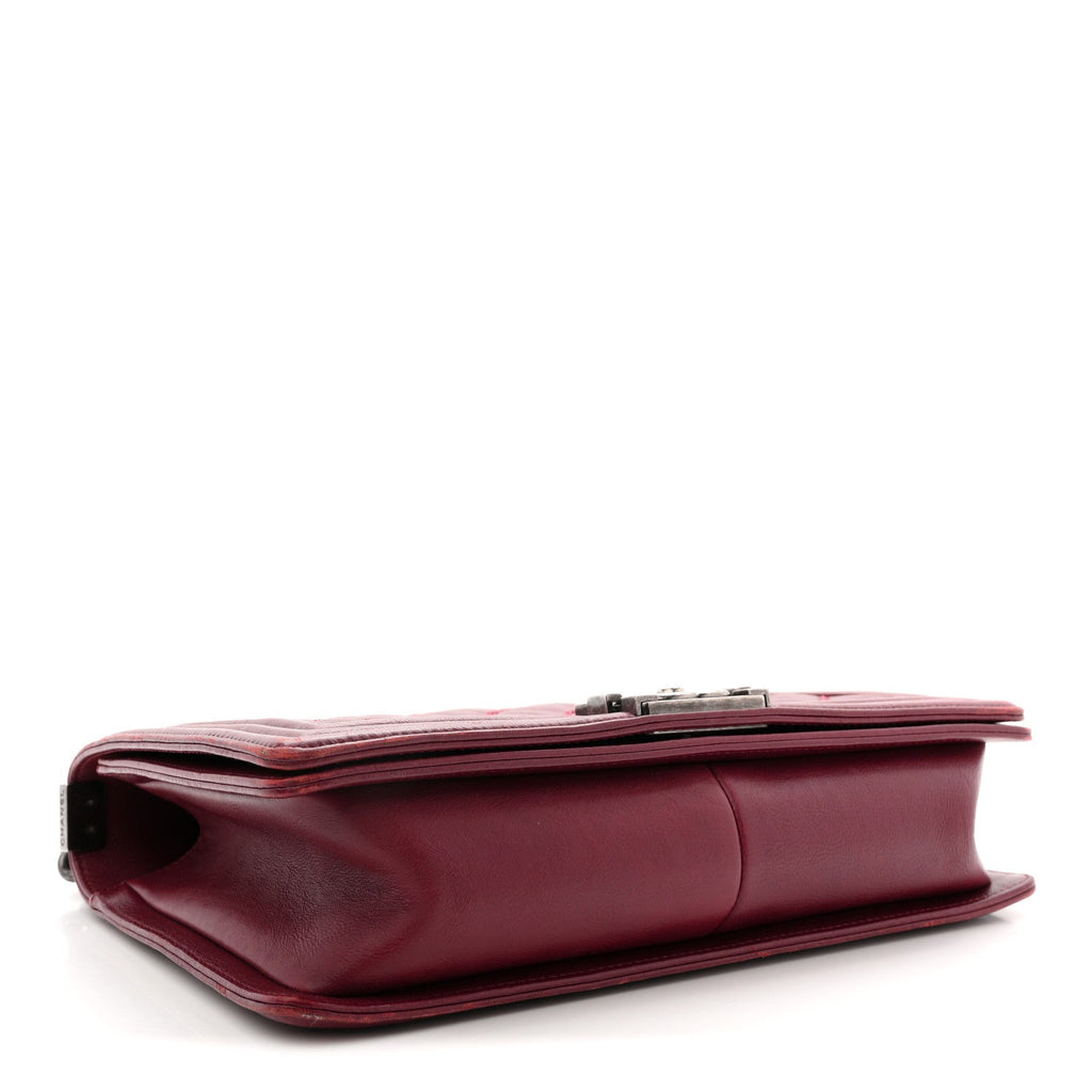Calfskin Quilted Double Stitch New Medium Boy Flap Burgundy