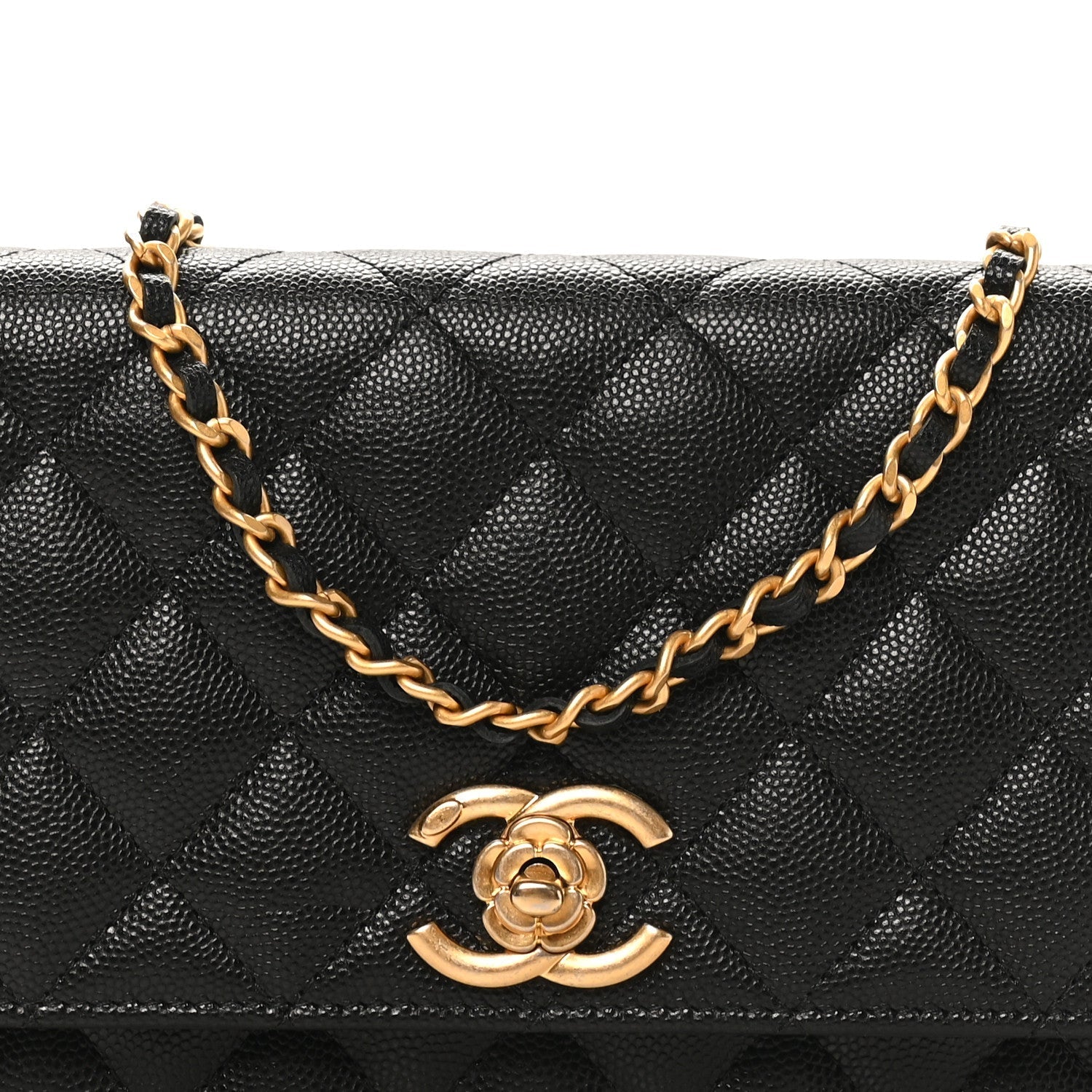 Caviar Quilted Camellia Wallet On Chain WOC Black